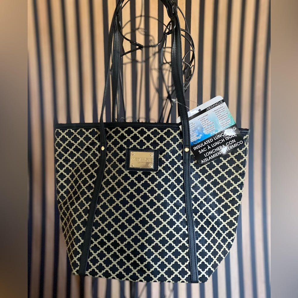 Black & Cream Insulated Tote Bag with Geometric Pattern